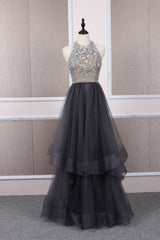 Unique tulle beads long prom dress tulle long evening dress - RongMoon