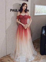 A line burgundy tulle long prom dress, burgundy tulle formal dress - RongMoon