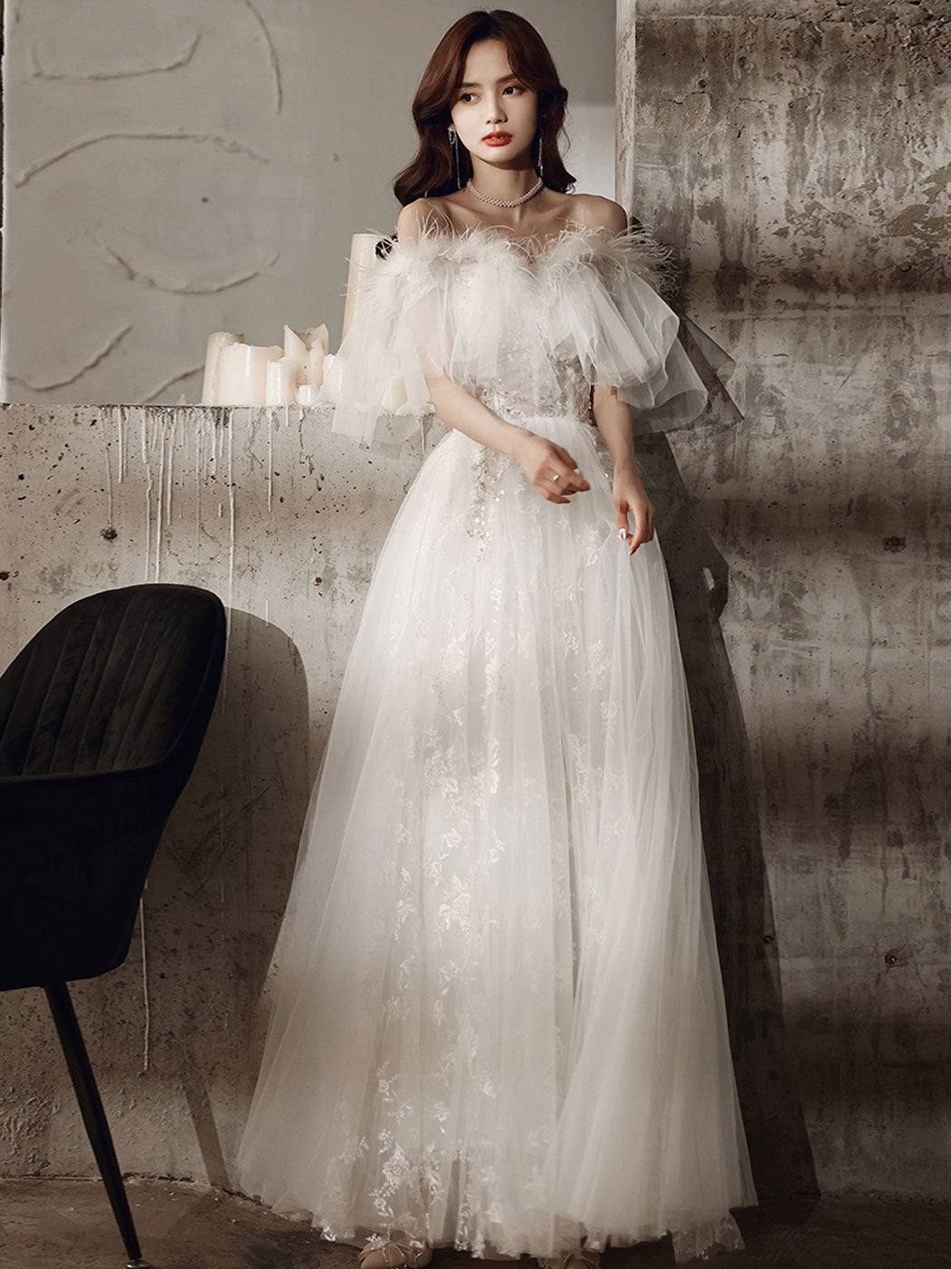ivory sweetheart neck tulle lace long prom dress, tulle formal party dress - RongMoon
