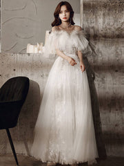ivory sweetheart neck tulle lace long prom dress, tulle formal party dress - RongMoon