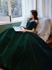 Green v neck velvet long prom dress, green evening dress - RongMoon