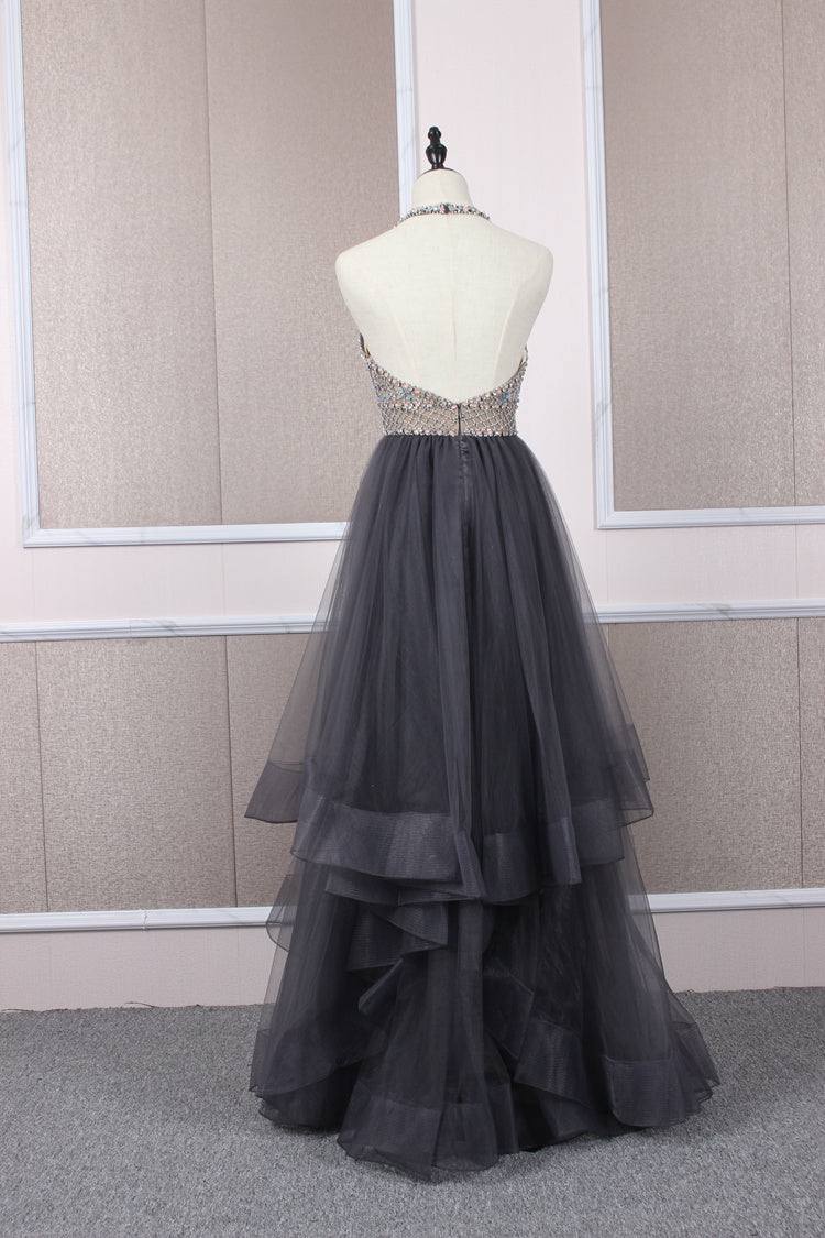 Unique tulle beads long prom dress tulle long evening dress - RongMoon