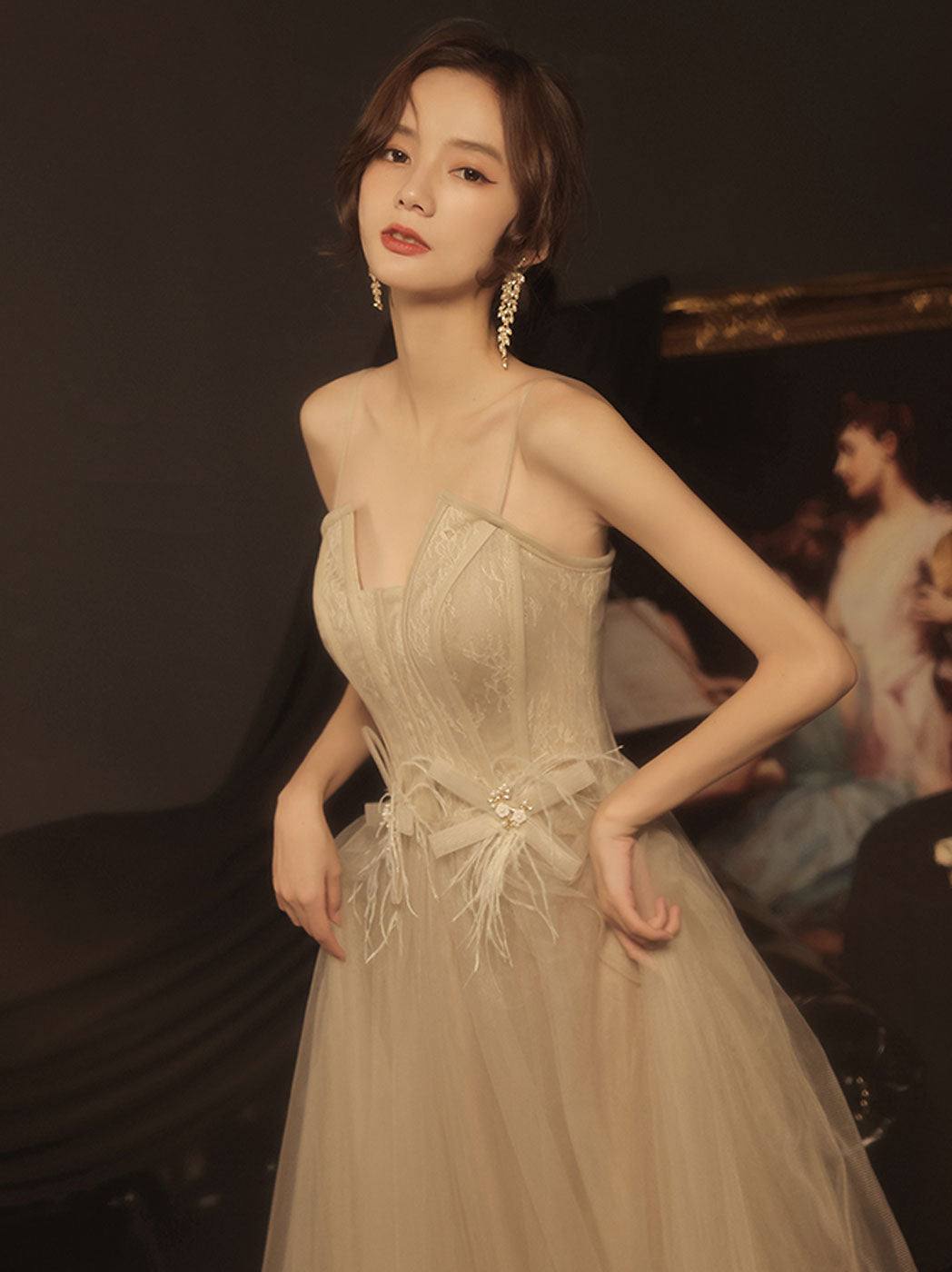 A line champagne long prom dress lace long formal dress - RongMoon