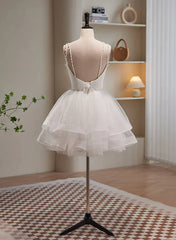 Cute White Short Tulle Beaded Graduation Dress, White Short Prom Dress Formal Dress
