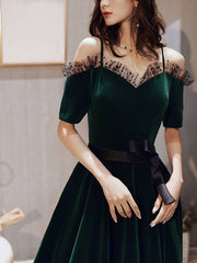 Green v neck velvet long prom dress, green evening dress - RongMoon