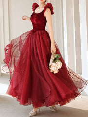 Burgundy Tea Length Prom Dresses, Burgundy Formal Bridesmaid Dresses - RongMoon