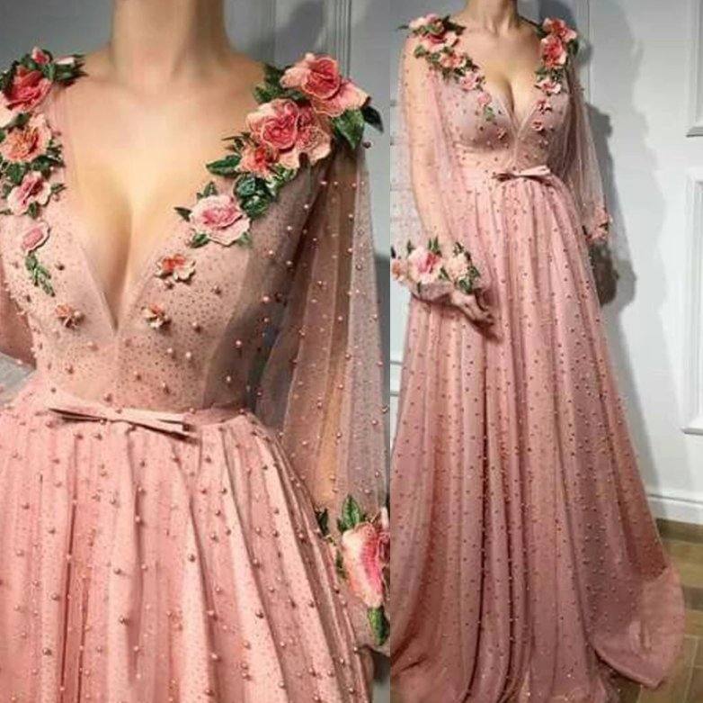 A-line Prom Dresses V neck Pink Long Prom Dress Evening Dresses With 3D Flower Long Sleeves Evening Gowns - RongMoon