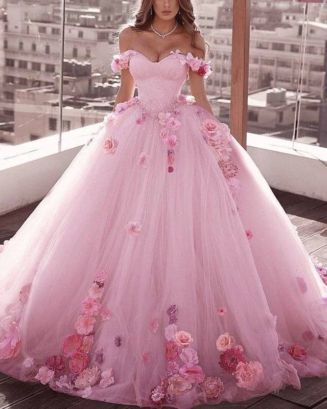 Off Shoulder Tulle Ball Gown Wedding Dresses Floral Flowers Beaded - RongMoon
