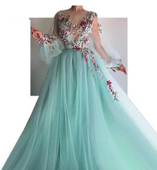 Turquoise Muslim Evening Dresses A-line Long Sleeves Tulle Flowers Long Islamic Dubai Saudi Arabic Long Formal Evening Gown - RongMoon