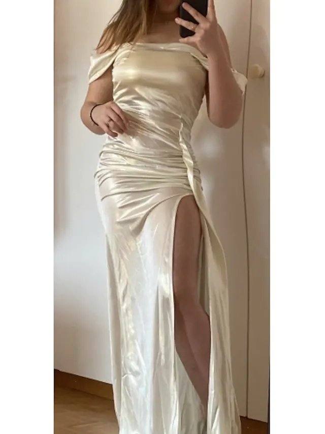 Mermaid / Trumpet Sexy bodycon Wedding Guest Prom Dress Off Shoulder Sleeveless Sweep / Brush Train Satin with Split - RongMoon