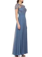 A-Line Mother of the Bride Dress Elegant Illusion Neck Floor Length Chiffon Short Sleeve with Appliques - RongMoon
