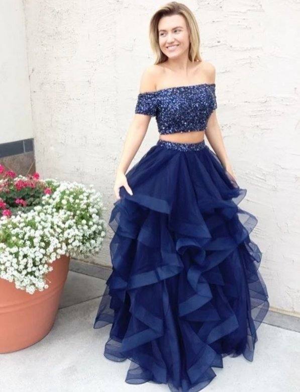 Blue Robe De Soiree A-line Off The Shoulder Tulle Beaded Two Pieces Sexy Long Prom Dresses Prom Gown Evening Dresses - RongMoon