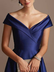 A-Line Mother of the Bride Dress Elegant Off Shoulder Asymmetrical Satin Short Sleeve with Pleats - RongMoon