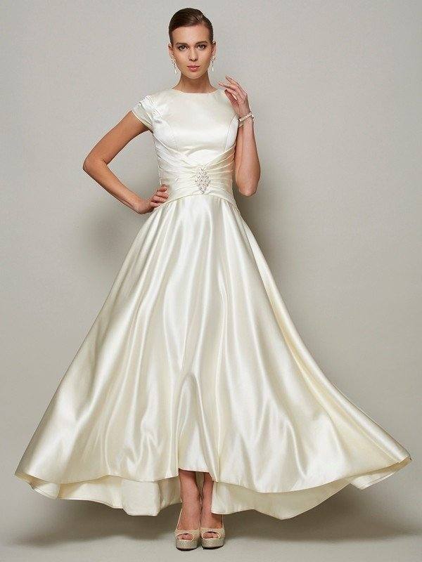 A-Line/Princess Scoop Short Sleeves Beading Long Satin Mother of the Bride Dresses - RongMoon