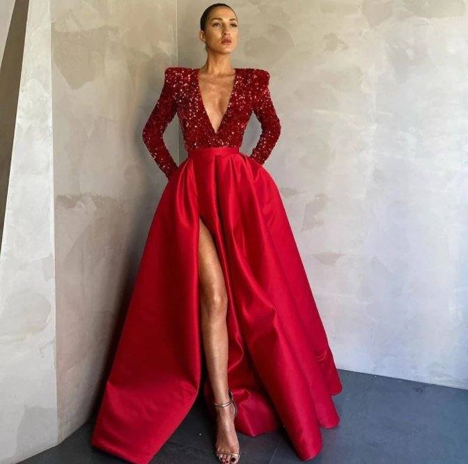 Elegant Satin Evening Dresses Long Sparkle Sequined Sexy Deep V Neck Side Slit Formal Prom Gown Simple Ruched Robe de soiree - RongMoon