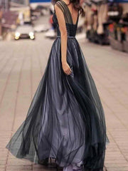 A-Line Empire Elegant Engagement Prom Dress Sweetheart Neckline Sleeveless Floor Length Tulle Stretch Satin with Pleats - RongMoon