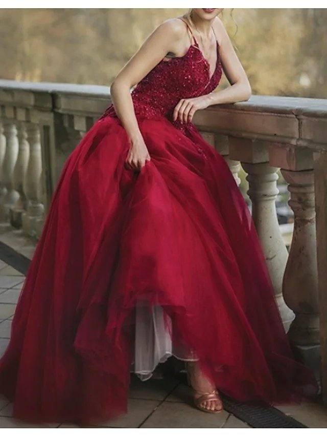 A-Line Luxurious Sexy Wedding Guest Prom Dress V Neck Spaghetti Strap Sleeveless Sweep / Brush Train Lace Tulle with Pleats - RongMoon