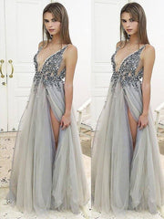 A-Line/Princess V-Neck Sleeveless Floor-Length Beading Tulle Dresses - RongMoon