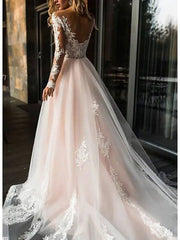 A-Line Wedding Dresses V Neck Sweep / Brush Train Lace Tulle Long Sleeve Romantic Boho Illusion Sleeve with Appliques - RongMoon
