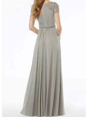 A-Line Mother of the Bride Dress Elegant V Neck Floor Length Chiffon Lace Short Sleeve with Lace Beading - RongMoon
