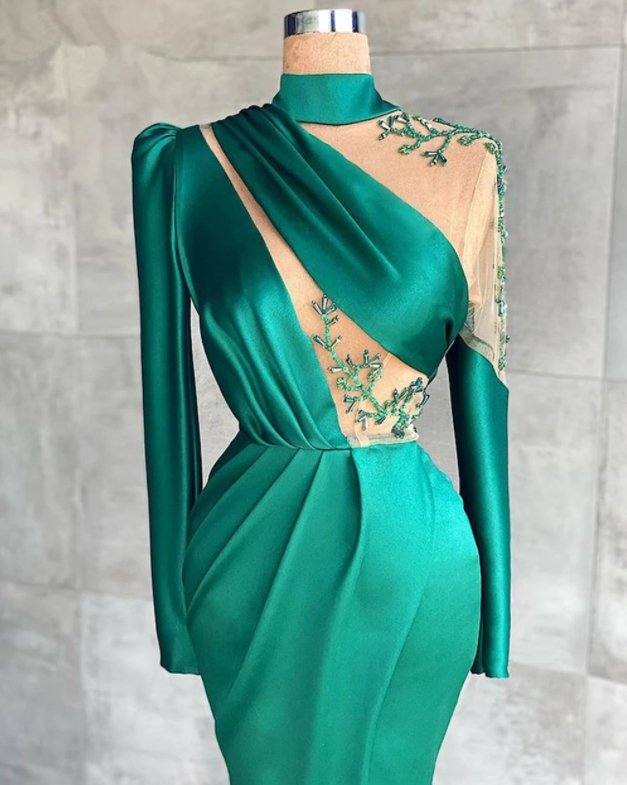 Green Robe De Soiree Sheath Long Sleeves Satin Beaded Slit Sexy Long Prom Dresses Prom Gown Evening Dresses - RongMoon