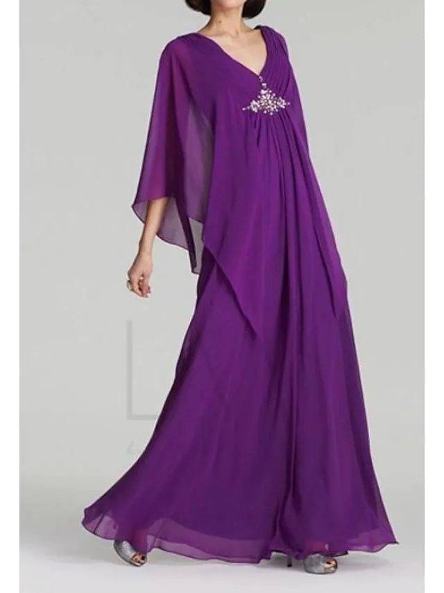 A-Line Mother of the Bride Dress Sweet V Neck Floor Length Chiffon Satin 3/4 Length Sleeve with Sequin - RongMoon