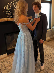 Off The Shoulder Blue Appliques Tulle Slit Prom Dress