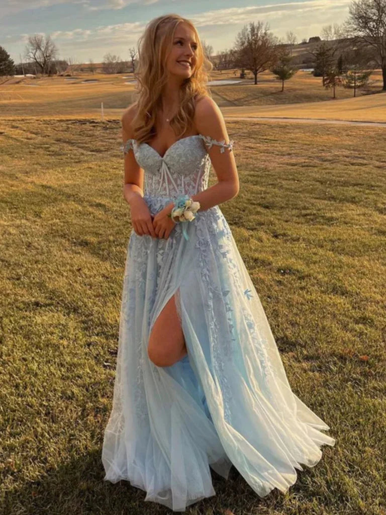 Off The Shoulder Blue Appliques Tulle Slit Prom Dress