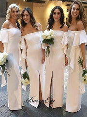 Off The Shoulder Ivory Bridesmaid Dresses, Slit Bridesmaid Dresses - RongMoon