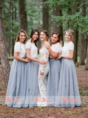 Off White Lace Top Grey Tulle Popular Two Piece Bridesmaid Dresses With Short Sleeves,DB112