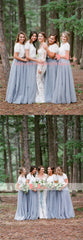 Off White Lace Top Grey Tulle Popular Two Piece Bridesmaid Dresses With Short Sleeves,DB112