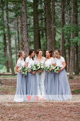 Off White Lace Top Grey Tulle Popular Two Piece Bridesmaid Dresses With Short Sleeves,DB112
