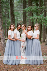 Off White Lace Top Grey Tulle Popular Two Piece Bridesmaid Dresses With Short Sleeves,DB112