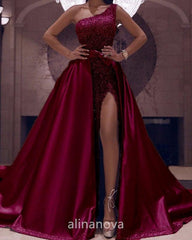 One Shoulder Sequin Mermaid Prom Dresses High Slit - RongMoon