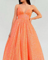 Orange Ball Gown Sequin Prom Dresses