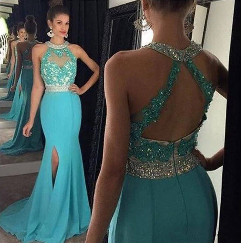 Turquoise Robe De Soiree Mermaid Halter Chiffon Lace Beaded Backless Sexy Long Prom Dresses Prom Gown Evening Dresses - RongMoon