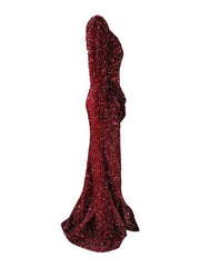 Mermaid / Trumpet Sparkle Sexy Wedding Guest Formal Evening Dress Scoop Neck Long Sleeve Sweep / Brush Train Sequined with Sequin Split - RongMoon