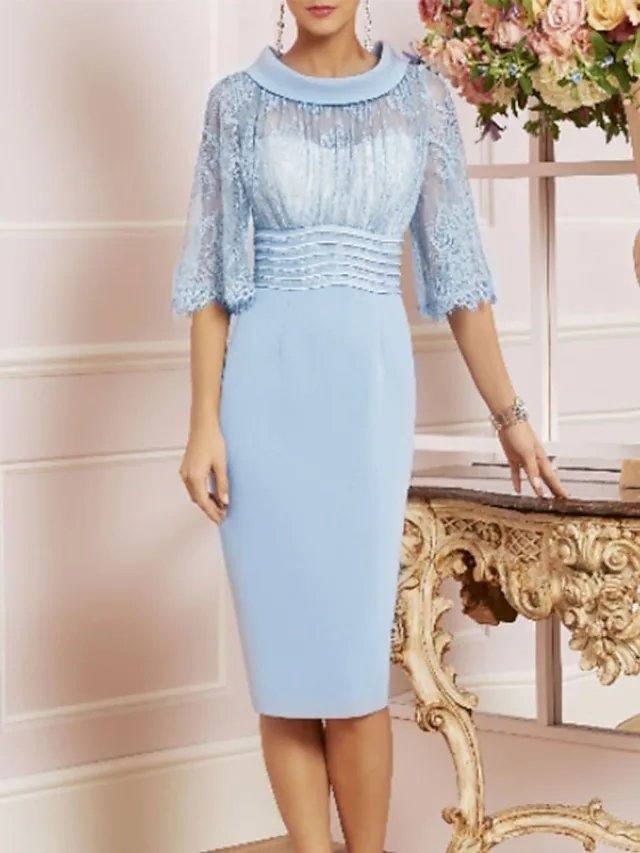 Sheath / Column Mother of the Bride Dress See Through Jewel Neck Knee Length Charmeuse Half Sleeve with Lace Sash / Ribbon - RongMoon