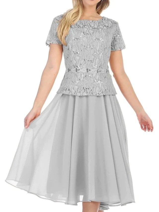 A-Line Mother of the Bride Dress Elegant Jewel Neck Tea Length Chiffon Lace Short Sleeve with Sequin - RongMoon