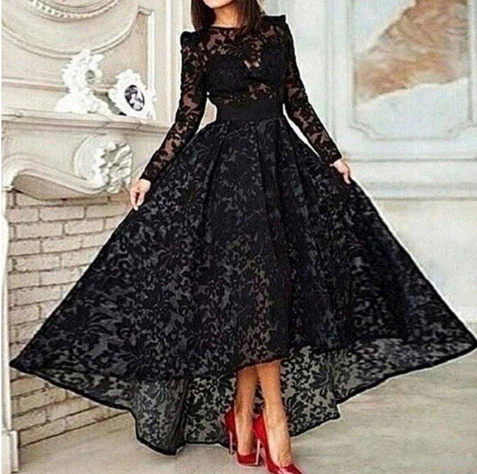 Black Muslim Evening Dresses A-line Long Sleeves Lace Hi Low Tea Length Islamic Dubai Saudi Arabic Long Formal Evening Gown - RongMoon