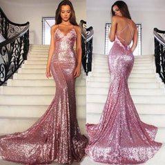 Backless Robe De Soiree Mermaid Spaghetti Straps Sequins Sparkle Sexy Long Prom Dresses Prom Gown Evening Dresses - RongMoon