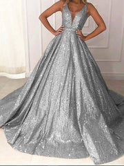 Ball Gown Luxurious Sparkle Quinceanera Prom Dress V Neck Sleeveless Sweep / Brush Train Sequined with Pleats Sequin - RongMoon