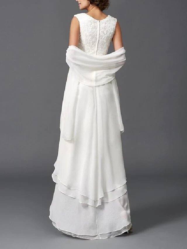 A-Line Mother of the Bride Dress Wrap Included Jewel Neck Floor Length Chiffon Sleeveless with Lace Tier - RongMoon