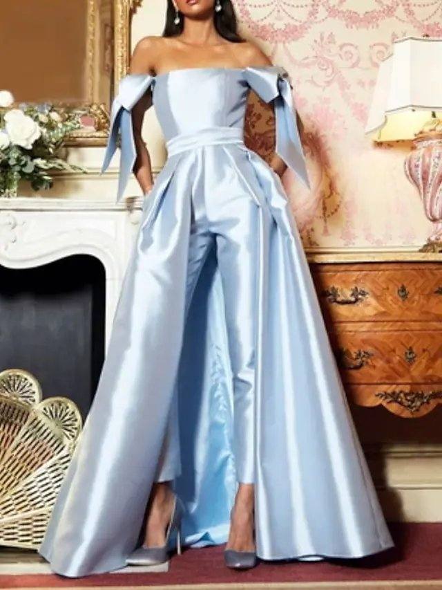 Jumpsuits Elegant Vintage Engagement Formal Evening Dress Off Shoulder Sleeveless Floor Length Charmeuse with Bow(s) - RongMoon