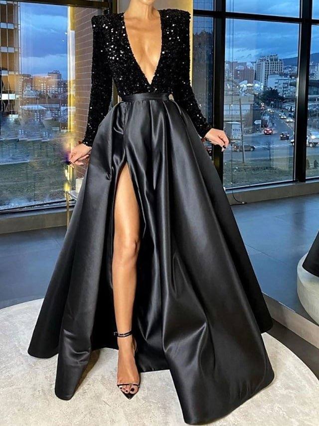 A-Line Sparkle Party Wear Formal Evening Dress V Neck Long Sleeve Floor Length Satin with Crystals Split - RongMoon