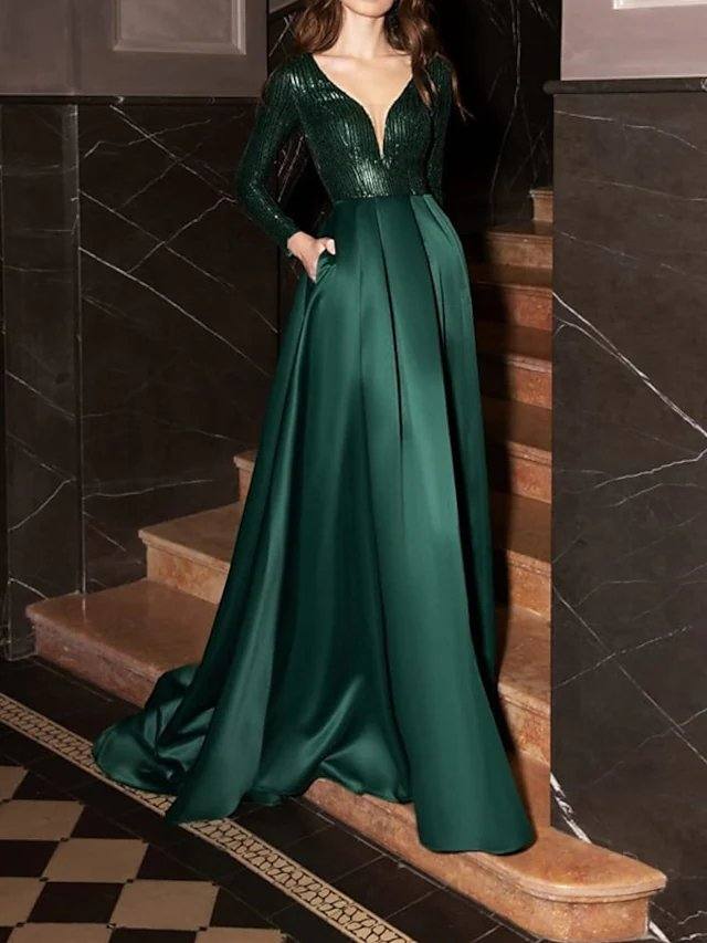 A-Line Glittering Elegant Wedding Guest Formal Evening Dress V Neck Long Sleeve Court Train Satin Sequined with Pleats Sequin - RongMoon