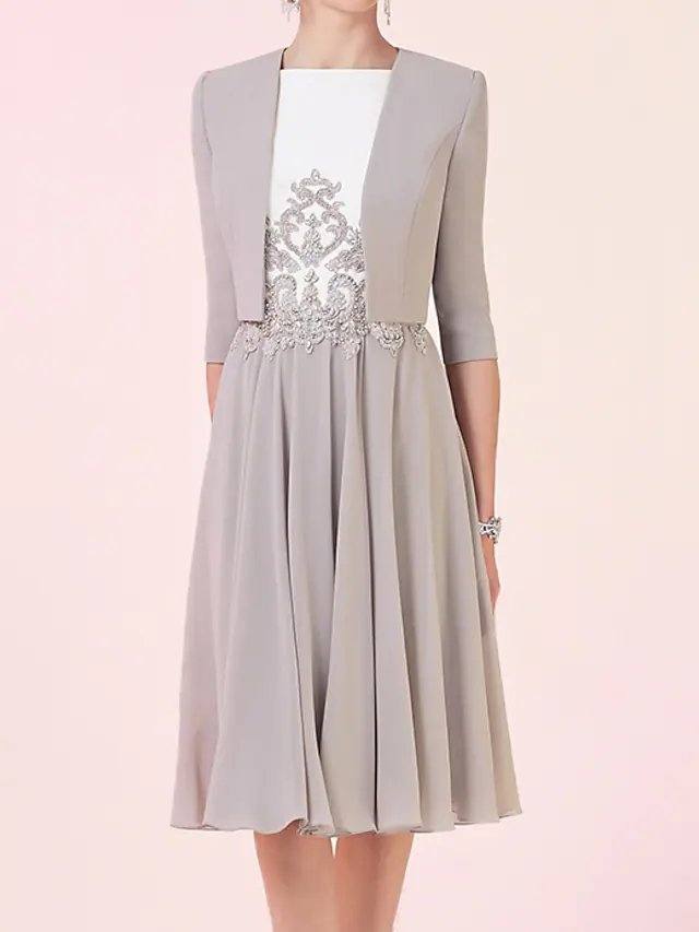 Two Piece A-Line Mother of the Bride Dress Elegant Jewel Neck Knee Length Chiffon Lace 3/4 Length Sleeve with Pleats Beading Color Block - RongMoon