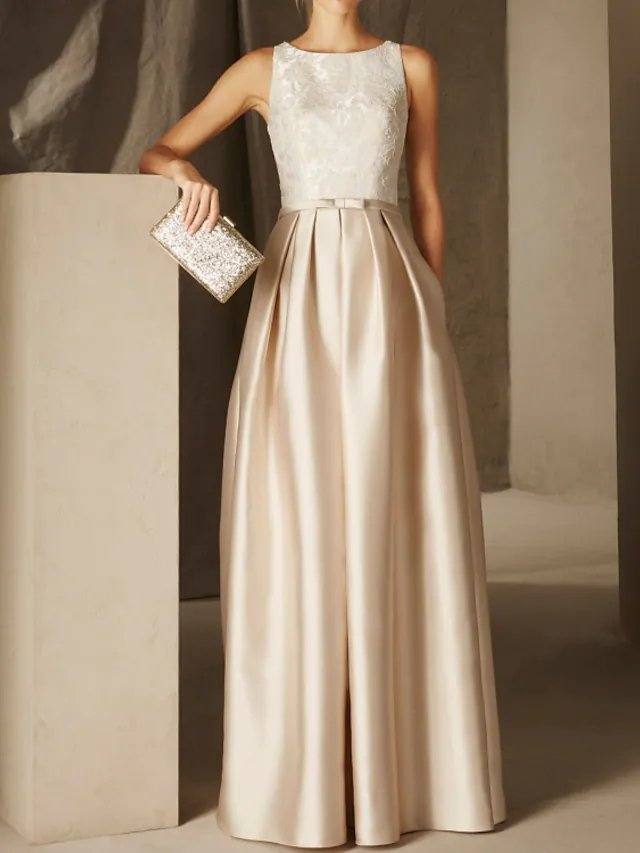 A-Line Empire Elegant Wedding Guest Formal Evening Dress Jewel Neck Sleeveless Floor Length Satin with Sash / Ribbon Pleats Appliques - RongMoon