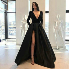 Sexy Deep V-neck Evening Dress Black Long Party Gowns Long Sleeve Formal Prom Gowns with High Split Plus Size With pocket - RongMoon