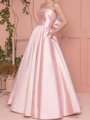 A-Line Minimalist Elegant Engagement Prom Dress Strapless Sleeveless Floor Length Satin with Pleats - RongMoon